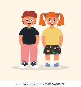 illustration of children raising their hands and putting their hands in their pockets, flat illustration character