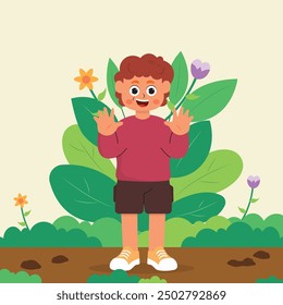 illustration of children raising their hands, flat illustration character