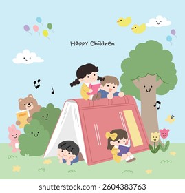 Illustration of children reading books around a big book.