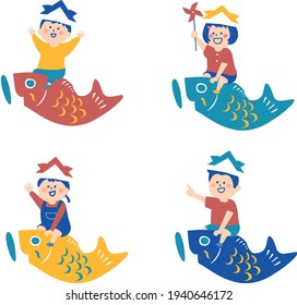 Illustration of children riding a carp streamer . children's day.