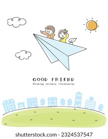 Illustration of children riding a paper plane.