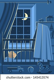  Illustration Of Children Room With Sleeping Baby In His Bed At Night And His Toys.