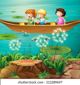 Illustration of children rowing a boat in a pond