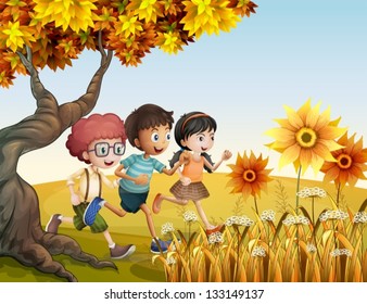 Illustration of the children running at the hill with sunflowers