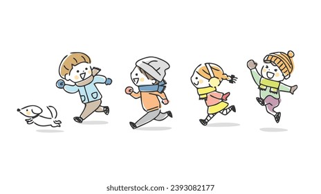 Ilustración de niños corriendo al aire libre en invierno.