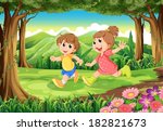 Illustration of the children running in the woods