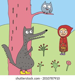 Illustration for a children s book. Little red riding hood and gray wolf. Vector. Drawn by hand in doodle style. Funny characters in cartoon style.