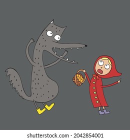 Ilustración de un libro infantil. Pequeña capucha roja y lobo gris. Vector. Dibujado a mano en forma de doodle. Personajes divertidos al estilo de las caricaturas.