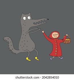 Ilustración de un libro infantil. Pequeña capucha roja y lobo gris. Vector. Dibujado a mano en forma de doodle. Personajes divertidos al estilo de las caricaturas.