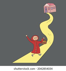 Illustration for a children s book. Little red riding hood and gray wolf. Vector. Drawn by hand in doodle style. Funny characters in cartoon style.