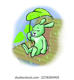 Illustration for children. A sad hare sits on a bench in the rain and holds a leaf like an umbrella.