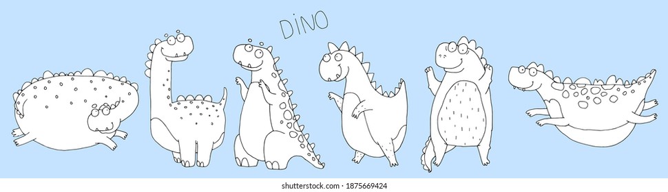 illustration for children, set of cute funny dinosaurs, linear doodle illustration