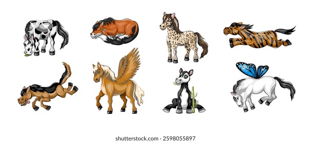 Illustration for children. Set of funny horses stickers for calendars. Hand drawn clipart isolate on white background. Vector.