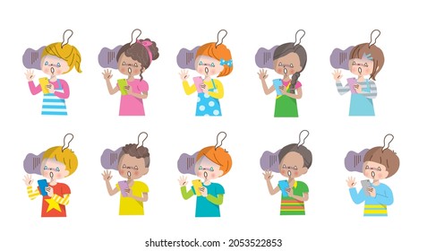 Illustration of children shocked by looking at smartphone screen