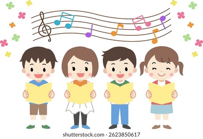 Illustration of children singing with smiles at a concert