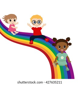 Illustration of children slide down on a rainbow. Isolated on white background.