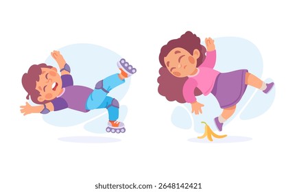 Illustration of Children Slipping on a Banana Peel, Capturing a Funny and Cheerful Moment