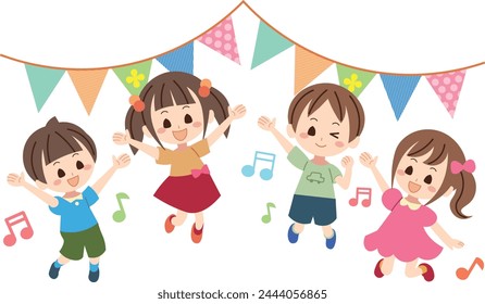 Illustration of children smiling and jumping