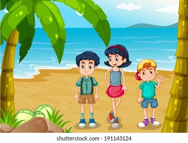 Illustration of the children strolling at the beach