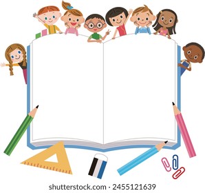 Ilustración con niños y herramientas de estudio en un cuaderno de estudio