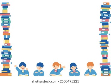 illustration of children studying and books