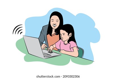 illustration of children studying at home online under the supervision of parental guidance. vector