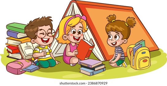 Illustration of Children Studying in Tent with Books.happy children studying together