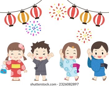 Illustration of children at a summer festival and fireworks