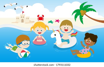 Illustration of children swimming and playing in the sea. sand castles, crabs, starfish, seagulls, palm trees, sea scenery