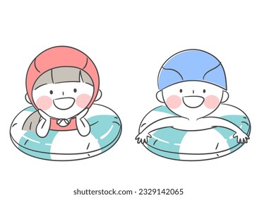 Illustration of children in swimsuits on a swim ring.