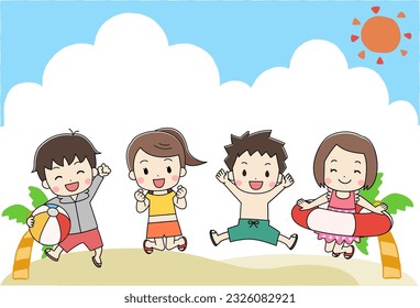 Illustration of children in swimsuits and sea bathing