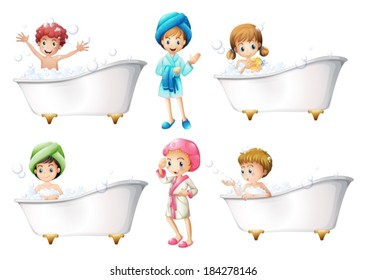Illustration of the children taking a bath on a white background