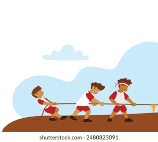 illustration of children taking part in a tug-of-war competition to commemorate Indonesian independence celebrations on August 17