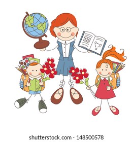 Illustration of children and teacher at school on white background.