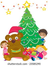Illustration of children with teddy under Christmas tree