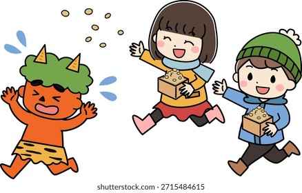 Ilustración de niños arrojando frijoles a los demonios en Setsubun