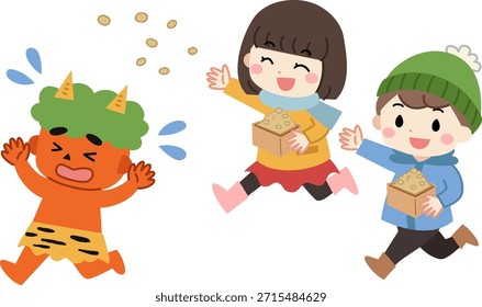 Ilustración de niños arrojando frijoles a los demonios en Setsubun
