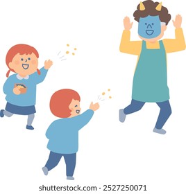 Illustration of children throwing beans and a teacher playing an oni for Setsubun