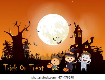illustration of children trick or treating in Halloween costume