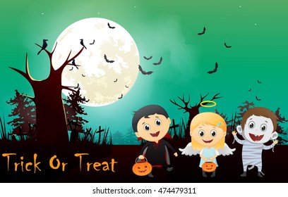 illustration of children trick or treating in Halloween costume