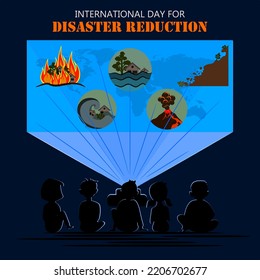 Illustration of children understanding disasters, fires, tsunamis, floods, landslides and volcanic eruptions with a projector slide show. international day for disaster reduction. October. vector flat