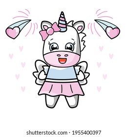 Illustration for children. Unicorn with pink blue wings with happy cute eyes on the background of many hearts. Happy unicorn poster. Icon