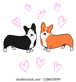 Illustration for children. Illustration for Valentine's day. Lovely furry doggies of welsh corgi. Decorative breeds of dogs. Two loving dogs on a background of pink hearts.