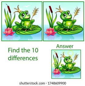 Illustration for children. The visual puzzle shows ten differences between the pictures. Princess Frog.