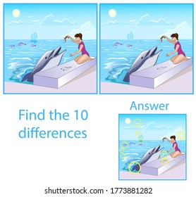 Illustration of children. The visual puzzle shows ten differences between the pictures. Girl feeding a dolphin with fish by the sea. 