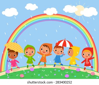 illustration of children walk on a rainy day with beautiful rainbow on the sky