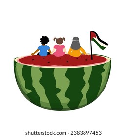 Illustration children with watermelon, stand with palestine