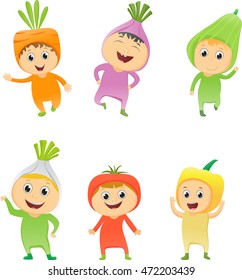 illustration of children wearing costumes vegetables