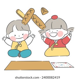 Illustration of children wearing hanbok playing yut.