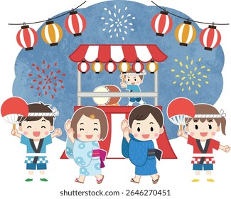 Illustration of children wearing kimonos enjoying the summer festival